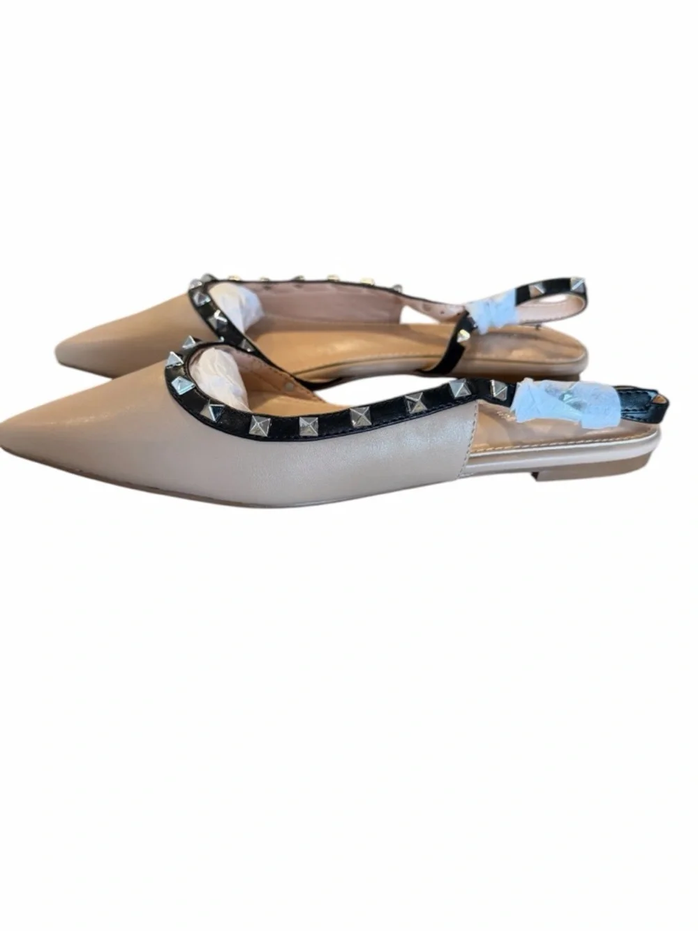 Berness Slingback Flats Size 8 Beige Black Studded Pointed Toe Slip On New - Picture 6 of 11